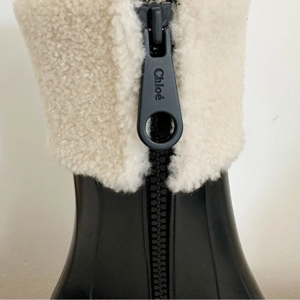 Chloé Black Rain Boot with Cream Shearling Cuff